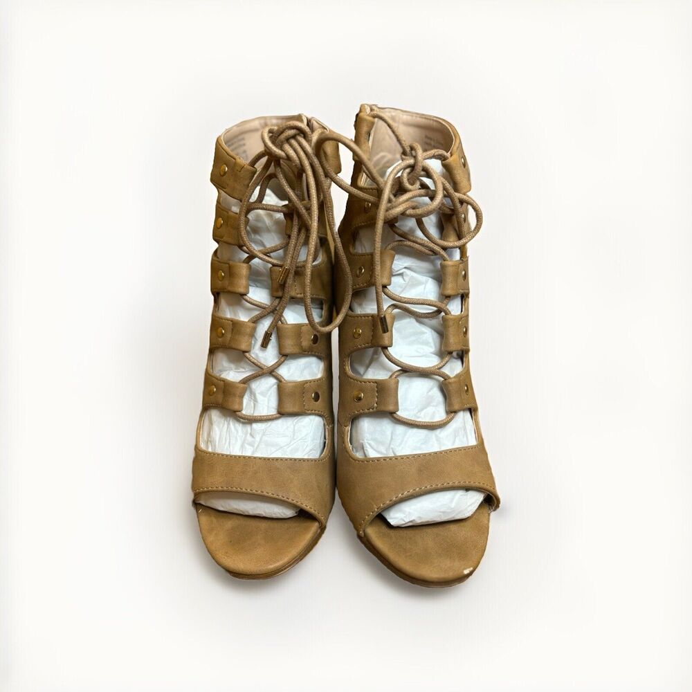 Aldo Women's Tan Leather Gladiator Lace-Up Open Toe Block Heel Booties Size 7
